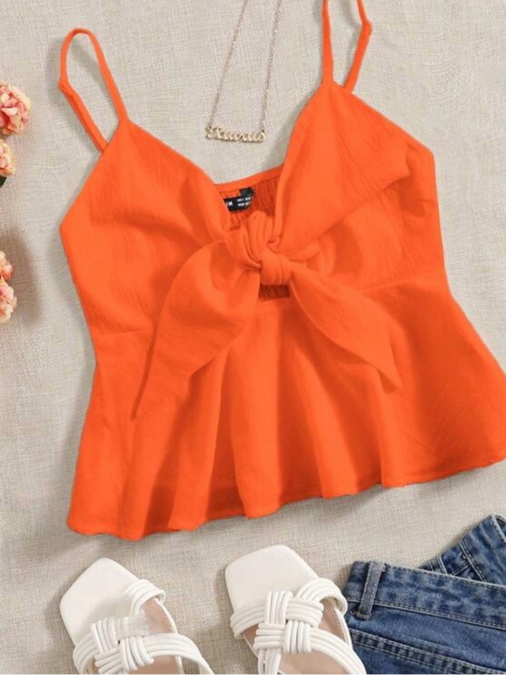 Bright Orange Tie-Front Spaghetti Strap Camisole Size XS